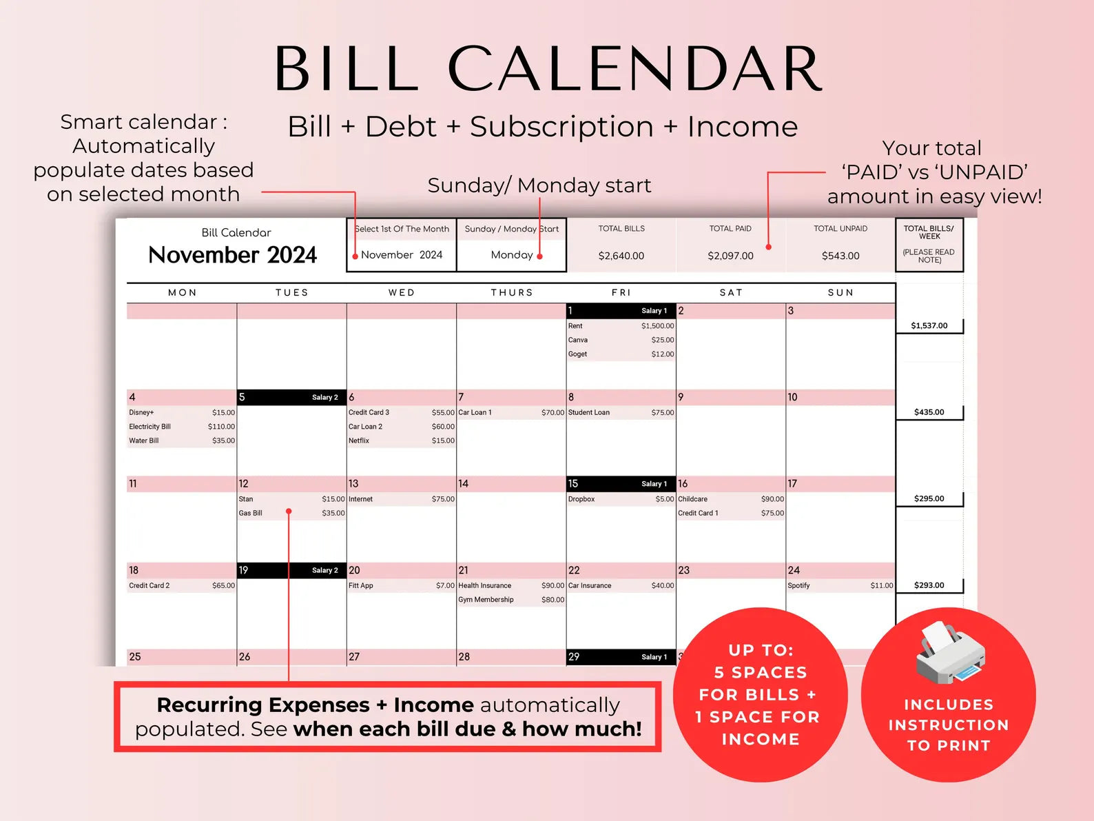 Monthly income and expenses page
